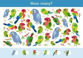 Counting children game of a tropical parrots. vector