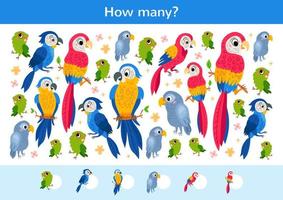 Counting children game of a tropical parrots. vector