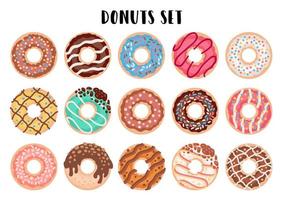 Set of 15 cartoon colorful donuts on white