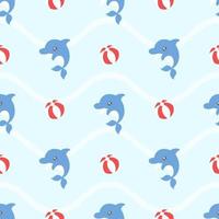 Cute Kawaii Dolphin And Beach Ball Seamless Pattern vector