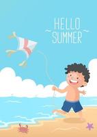 Cute Kid Playing Kite At The Beach HelloSummer vector