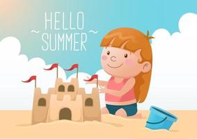 Cute Girl Building Sand Castle Hello Summer vector