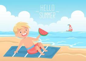 Cute Blonde Kid Laying On The Beach With Watermelon Hello Summer vector