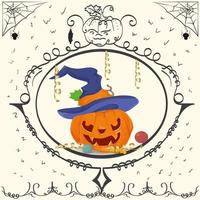 Vintage pumpkin frame with a hat on Halloween vector