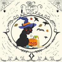 Vintage frame Angry Cat and candle Halloween