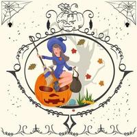 Vintage frame Witch sitting on a pumpkin Halloween vector