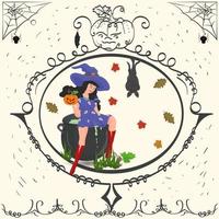 Vintage frame witch sitting on a cauldron Halloween holiday vector