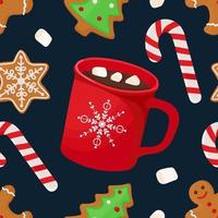 Navidad de patrones sin fisuras con chocolate caliente, piruletas y pan de jengibre vector