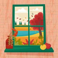 Autumn window with view on hill, cute vector illustration