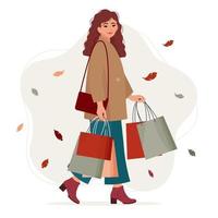 mujer joven, elegantemente vestida con bolsas de la compra. ilustración vectorial vector