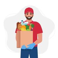 Courier in uniform with food in a paper bag. Food delivery services vector