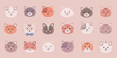 linda colección de gatos. caras de gatos, mascotas, gatitos, animales lindos. vector