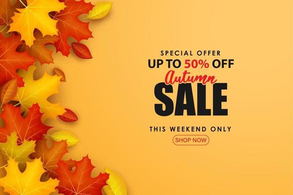 Special Autumn sale with stacked leaves on an orange background.