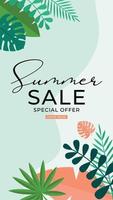 Summer sale background with tropical leaves. Vector Illustration