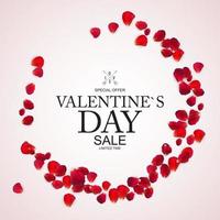 Venta de San Valentín, tarjeta de descuento con pétalos de rosa. vector