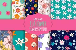 10 Hand drawn flower seamless pattern background collection set. vector