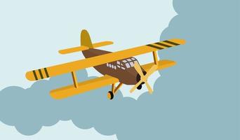 Color model of an old plane flying in the sky through the clouds. vector