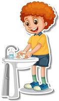 A sticker template with a boy washing hands vector