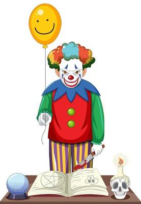 Creepy clown holding balloon on white background