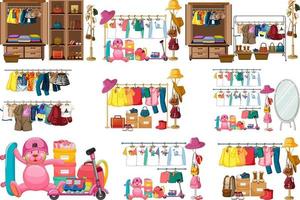 Set of clothes, accessories and wardrobe isolated on white background vector