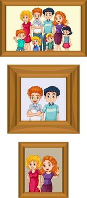 Set of happy family photo on the wooden frame