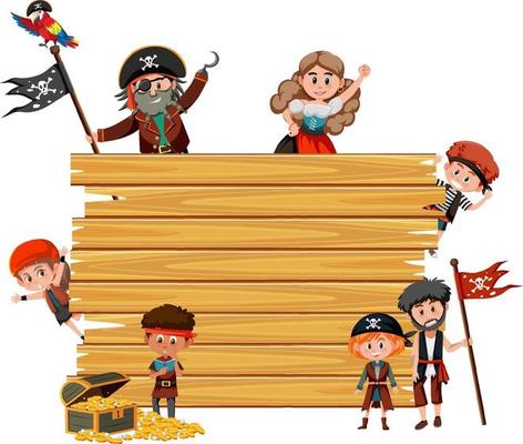 Empty wooden board with many pirate kids cartoon character