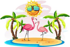 Two flamingos on the island isolated vector