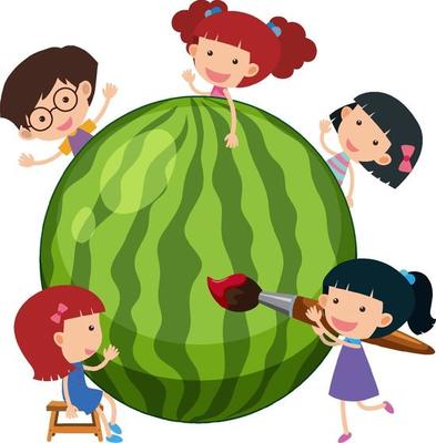 Watermelon with many children cartoon character isolated