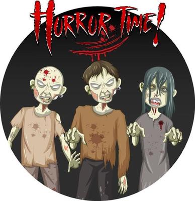 Horror Time text design with three creepy zombies