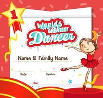 World greatest dancer certificate template vector