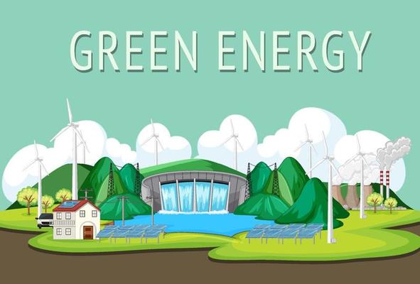 Hydro Power Plants generate electricity with green banner