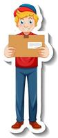 A sticker template with delivery man in uniform holding boxes vector