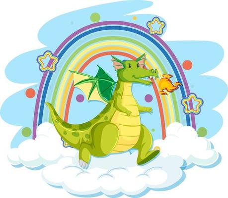 Cute green dragon on the cloud with rainbow