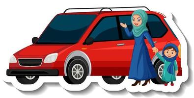 Muslim mother and daughter standing in front of a car vector