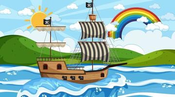 Ocean with Pirate ship at day time scene in cartoon style vector