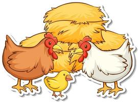 Chicken family with haystack sticker vector