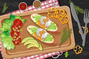 Bruschetta on wooden plate with fresh vegetables on table background vector