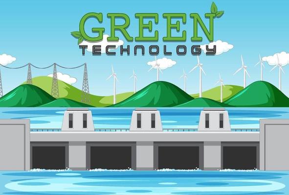 Hydro Power Plants generate electricity with green banner