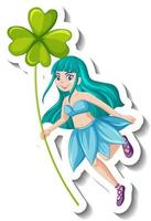 Sticker template with beautiful fairy holding clover leaf cartoon vector