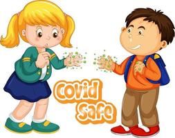 Covid Safe font design with two kids show their dirty hands vector
