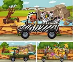 Diferentes escenas de safari con animales y personajes de dibujos animados para niños. vector