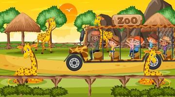 Safari at sunset time scene with many children watching giraffe group vector