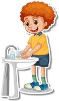 A sticker template with a boy washing hands with soap vector