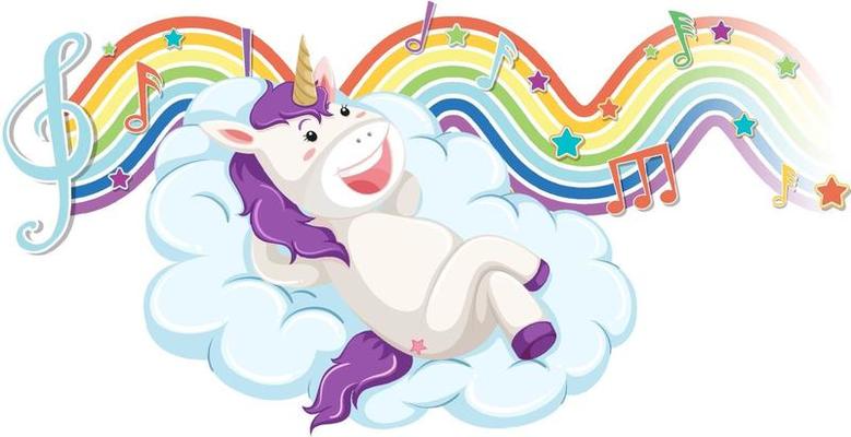 Unicorn laying on the cloud with melody symbols on rainbow wave