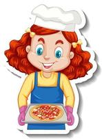 pegatina de personaje de dibujos animados con chica chef sosteniendo bandeja de pizza vector