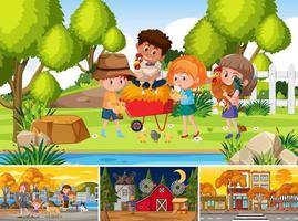 Four different scenes with children cartoon character vector