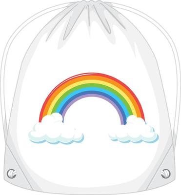 A white drawstring bag with rainbow pattern