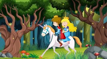 Fantasy forest scene with prince and princess vector