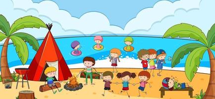 Escena al aire libre en la playa con muchos niños acampando en la playa. vector