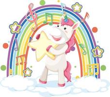 unicornio de pie en la nube con arco iris y símbolo de melodía vector